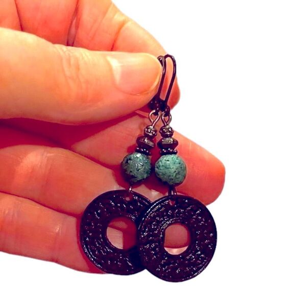 Jewelry - Hand Crafted Artisan Earrings. Black Blue Hoop Earrings Black Metal Boho # 169 